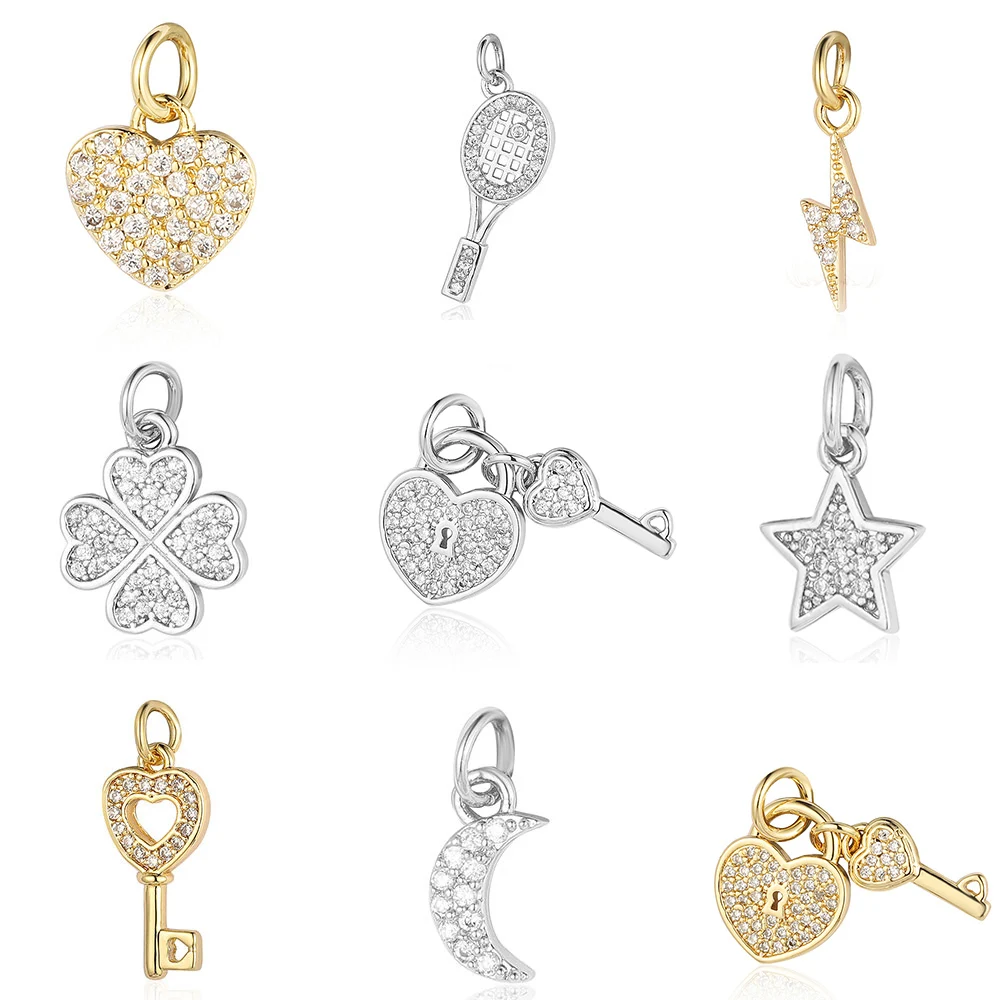 5 Stück/Set Stern Herz Schlüssel Kupfer Zirkonia Anhänger Kleeblatt Blitz Hufeisen Schläger Mond Armband Ohrring Halskette Anhänger Image