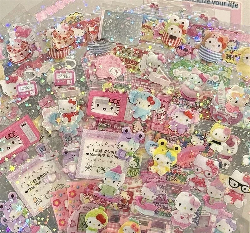 5 Stück Cartoon Hello Kitty Rilakkuma Niedliche Ausgestanzte Aufkleber Kitty Katze Anime Handbuch-Material Aufkleber Blinkende Laser-Sticker Image