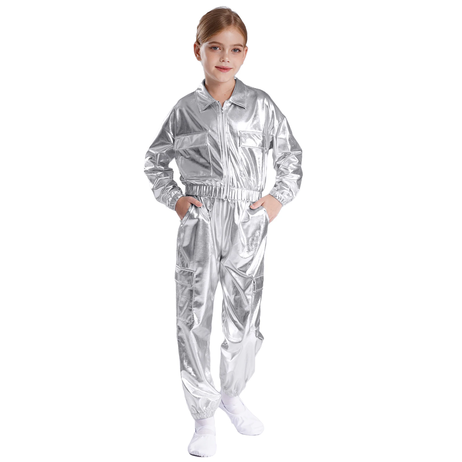 Kinder Jungen Mädchen Jazz Hip-Hop Street Dance Performance Kostüm Metallisch glänzend Langarm Sportjacke Mantel mit Hosen Outfits