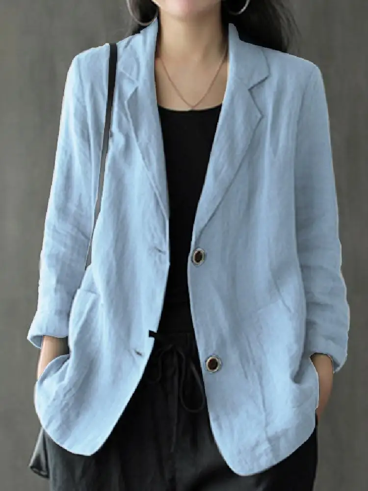 ZANZEA Frauen Revers Hals Langarm Blazer Herbst Vintage Casual Solide Baumwolle Blazer Elegante Strickjacke Dünne Mäntel Arbeit Anzüge Image