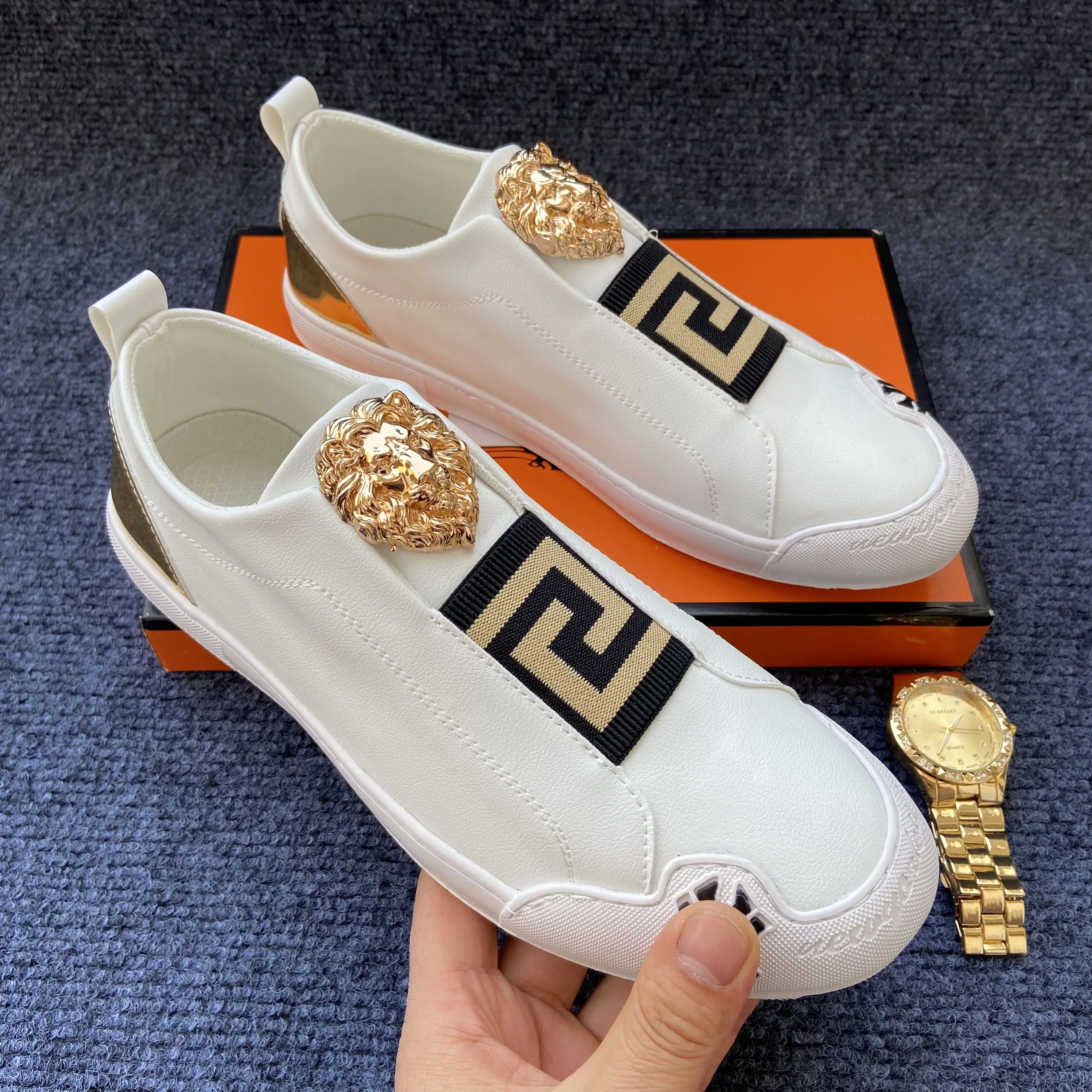 Original-Schuhmarke Löwenkopf-Freizeitschuhe für Herren, Luxus-Loafer, Designer-Schuhe, lässige Turnschuhe für Herren, flache Schuhe, Weiß