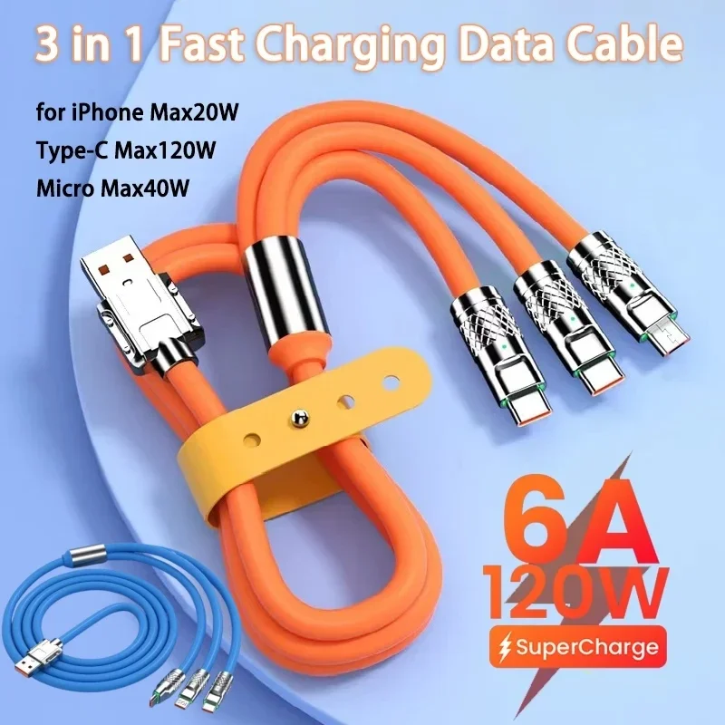 120 W 3 In 1 USB-Kabel 6 A 120 W USB-Kabel Schnelllade-Datenkabel für iPhone Samsung Huawei Xiaomi Multi-Port mehrere Aufladung Image