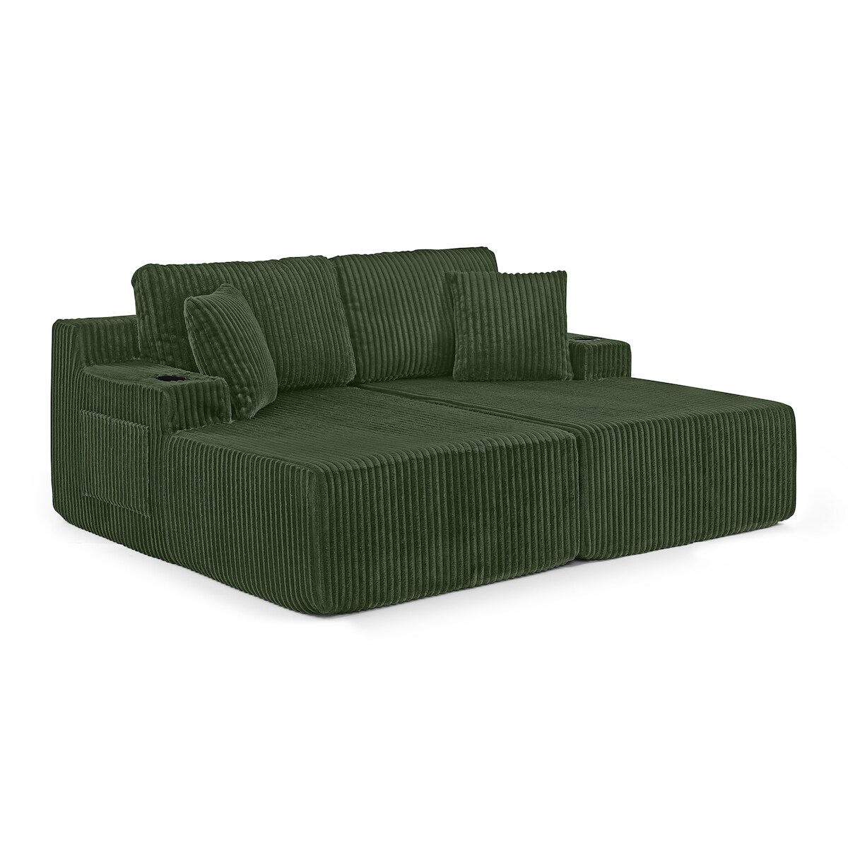OKWISH Relax Schlafsofa 2 Sitzer Kordstoff Grün 78x154x186 cm mit Magazintasche Getränkehalter abnehmbaren Kissen, flexibel als Lounge Sofa und Sessel Image