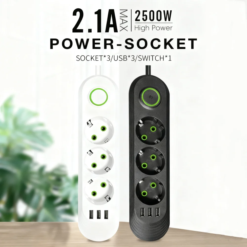 2500 W Steckdosenleiste mit 3 USB-Anschlüssen, EU-Steckdose, 2 m Verlängerungskabel, schnelles Aufladen, runder Stift, AC-Steckdose, elektrischer Ladegerät-Adapter Image