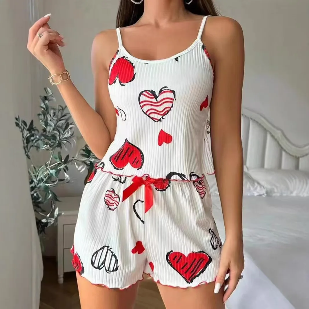 4 Größen zur Auswahl: S, M, L, XL, Damen-Pyjama-Set, Träger, Nachtwäsche, Weste + Shorts, roter Herz-Druck, Schleife, Nachtwäsche, sexy Dessous