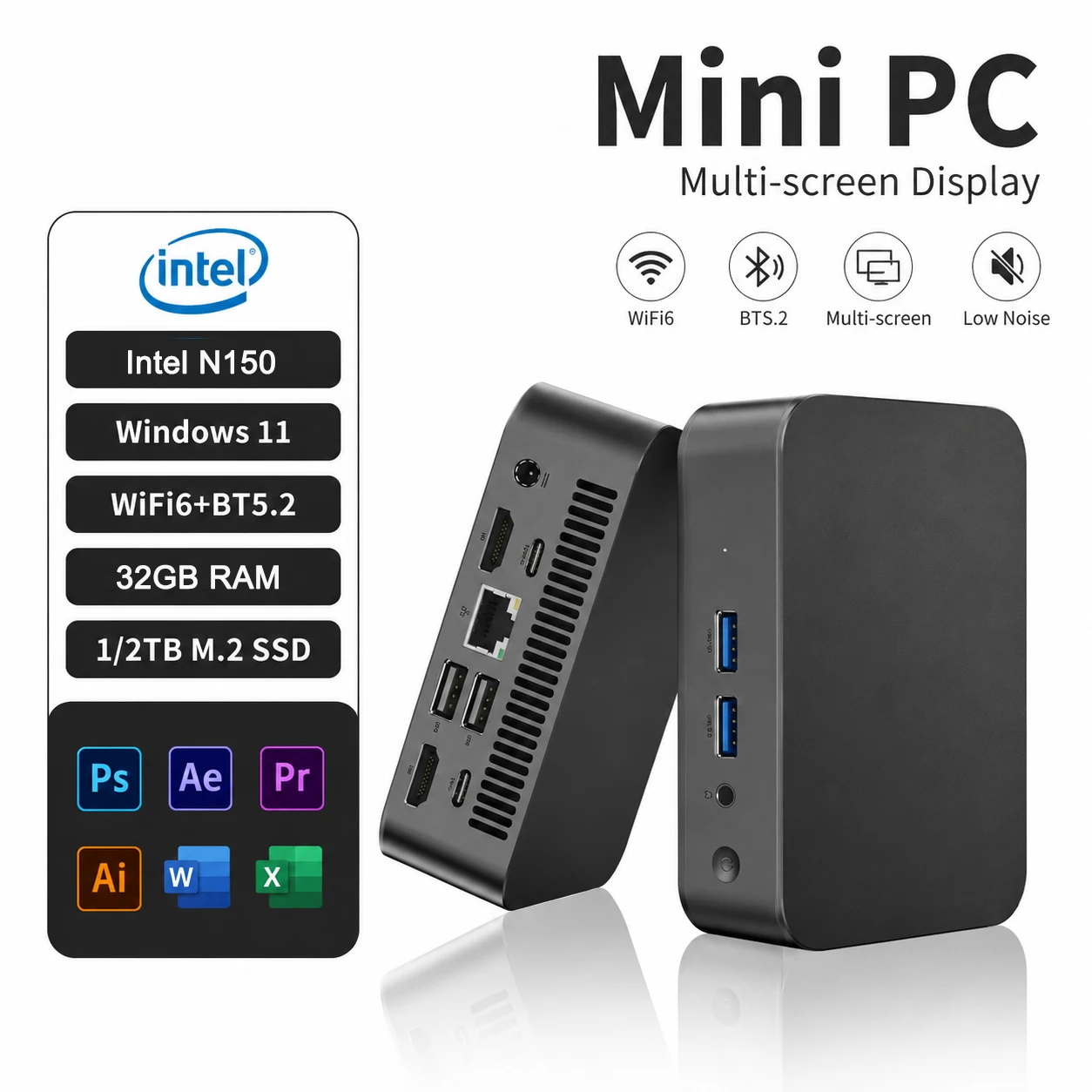 LENO NEUER Mini-PC Gamer-Computer Windows 11 Intel N150 32GB RAM 1/2TB SSD FHD Bluetooth WiFi6 TYPE-C Gaming Büro 4K HDMI