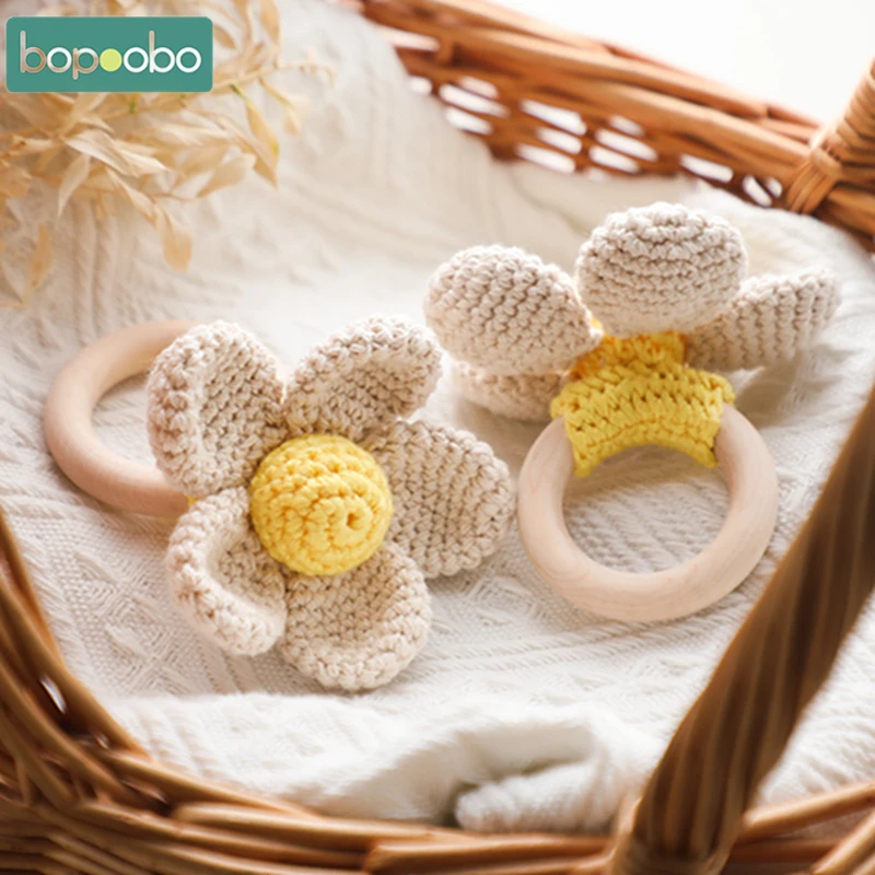1pc Baby Rasseln Häkeln Blume Rassel Spielzeug Holz Ring Baby Beißring Nagetier Infant Gym Mobile Rasseln Neugeborenen Pädagogisches Spielzeug geschenk Image