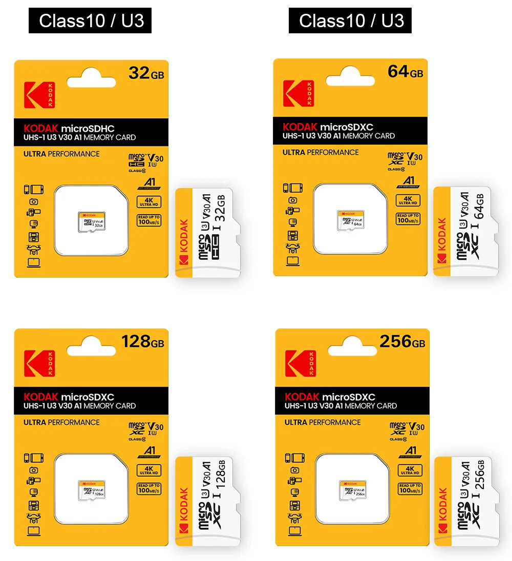 Kodak Hoch geschwindigkeit UHS-I u3 v30 a1 microsdxc Speicher karte-Klasse 10, 4k ultra hd, 100mb/s-32gb, 64gb, 128gb, 256gb Multi-Pack op Image