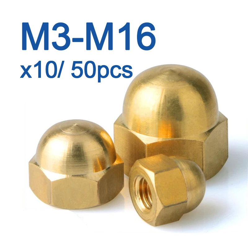10/ 50 stücke M3 M4 M5 M6 M8 M10 M12 M14 M16 Messing Kappe Hex Muttern Dekorative Dome Kopf abdeckung Halbkreis Acorn Mutter DIN1587 Image