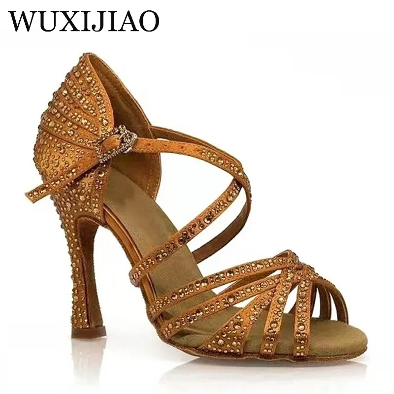 Latein-Tanzschuhe aus bronzefarbenem Satin mit Diamanten, High Heels, professionelle Tanzschuhe mit weicher Sohle, Sommersandalen, Square-Dance-Schuhe