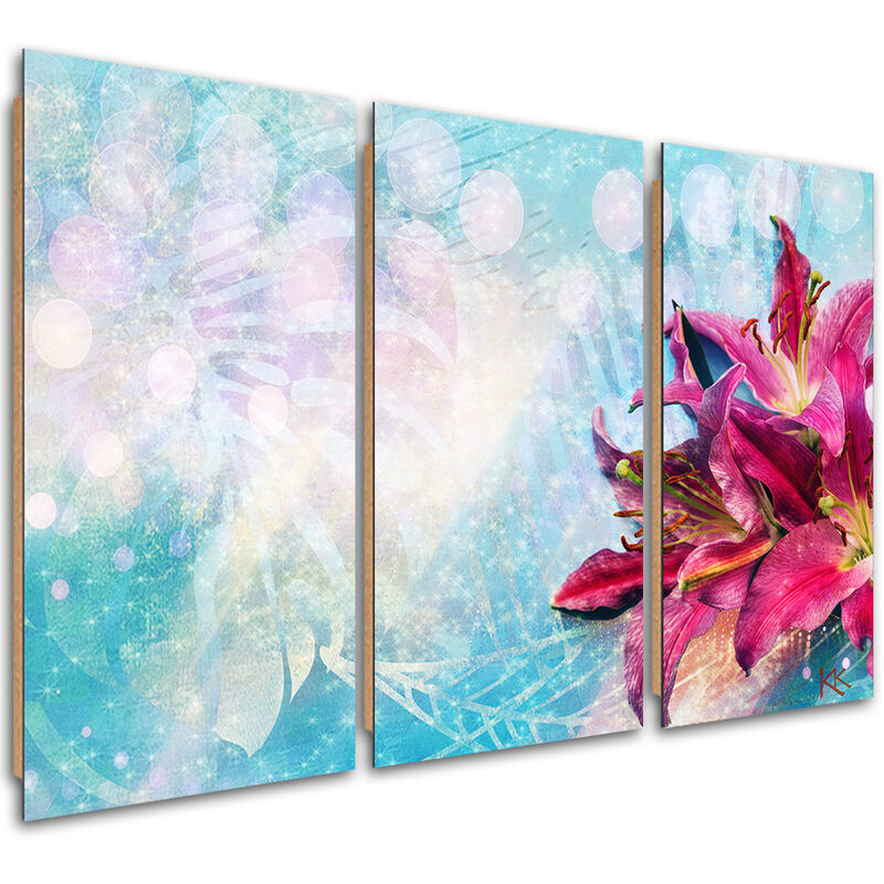 Gbshop - Quadro Deco Panel 3 Paneli, Fiori Rosa Su Uno Sfondo Blu - 120x80
