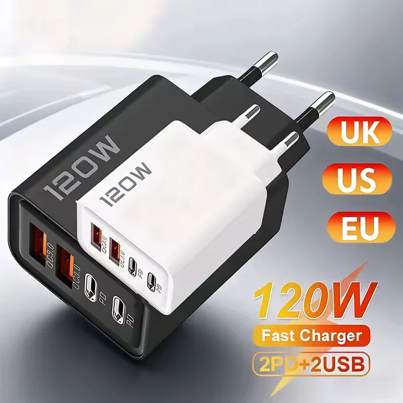 4-Port 120W Ladegerät USB C PD Quick Charge 3.0 Typ C USB Telefonladegeräte Schnellladegerät für iPhone Samsung Xiaomi Huawei Image