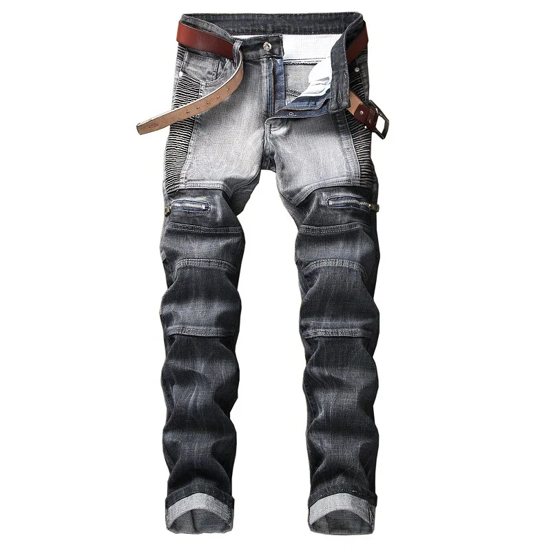 2020 hohe Qualität Männer Casual Jeans Beschichtet Dünne Gerade Falten Biker Jeans Hosen Männlichen Denim Casual Hosen Plus Größe 42