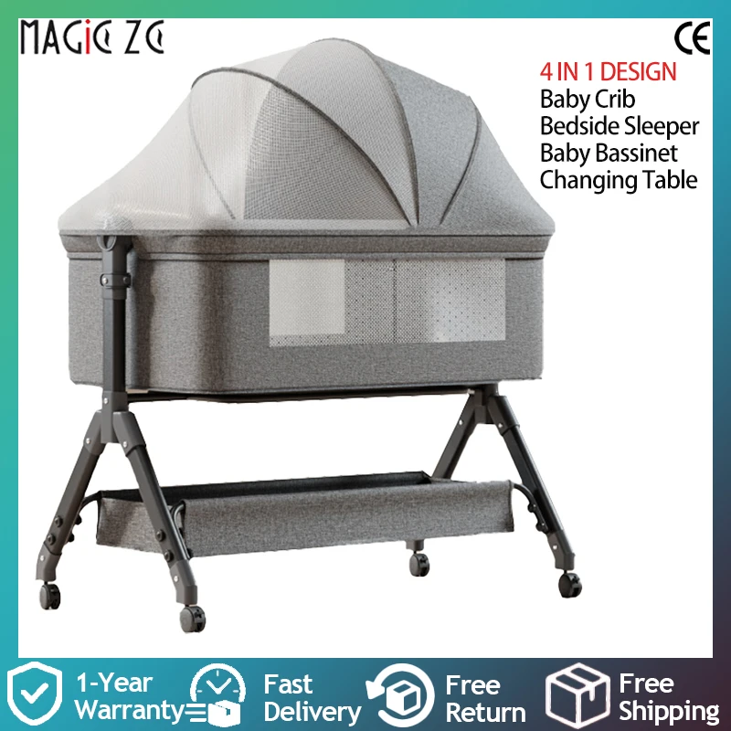 4-in-1 Babybett Beistellbett Wiege Wickeltisch Höhenverstellbar Faltbar mit Rollen für Neugeborene und Säuglinge Image