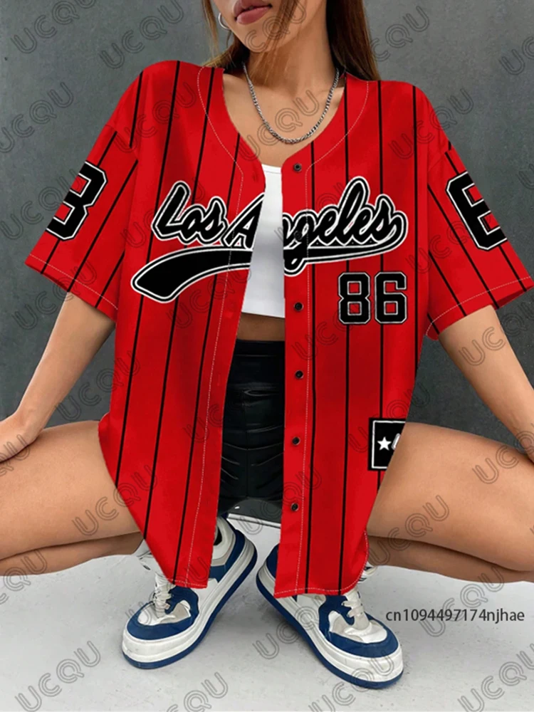 Sommerliches neues rotes Los Angeles 86 Streifen-Print-Streetwear-Baseball-Shirt für Damen und Herren, Hip-Hop-Bluse, Kurzarm, Knopfleiste, Oberteil