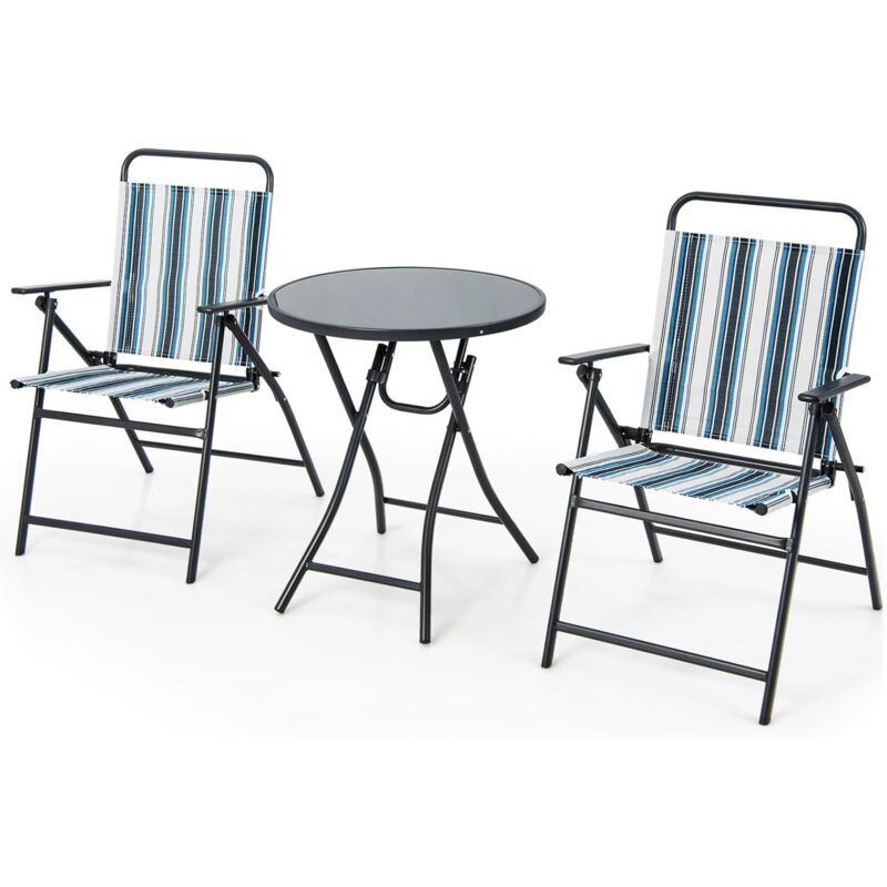 Set Di Mobili Da Giardino A 3 Pezzi, Set Di 2 Sedie E Tavolino Da Caffè In Vetro Temperato, Set Di Mobili Da Giardino A 3 Pezzi Con Struttura In Metallo, Per Giardino, Terrazza, Piscina - Goplus