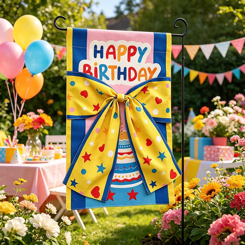 Happy Birthday Garden Flag Double Sided Outdoor Birthday Yard Flag Gift Box Bow Welcome Flag for Porch Patio Lawn Garden Party Decorations