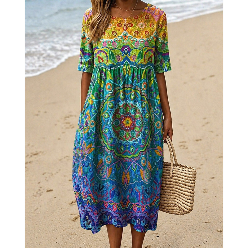Women's Midi Dress Sheath Dress T Shirt Dress Tee Dress A Line Dress Summer Dress Vacation Casual Boho Daily Summer Dress Spring Dress Loose Fit Floral Graphic Geometric Short Sleeve Crew Neck Black