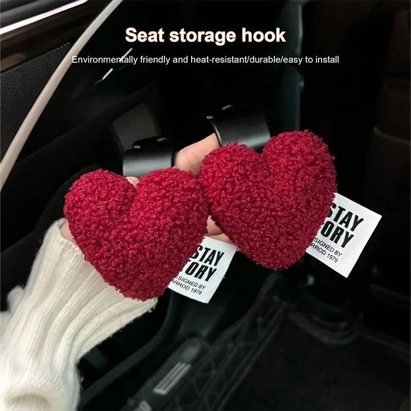 Plush Heart Shaped Car Seat Back Hooks Set 2 Pieces In Red