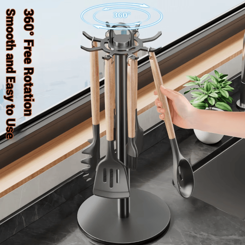 RotateRack Kitchen Utensil Stand Rotating Utensil Holder Kitchen Utensil Organizer With Hooks gun Grey
