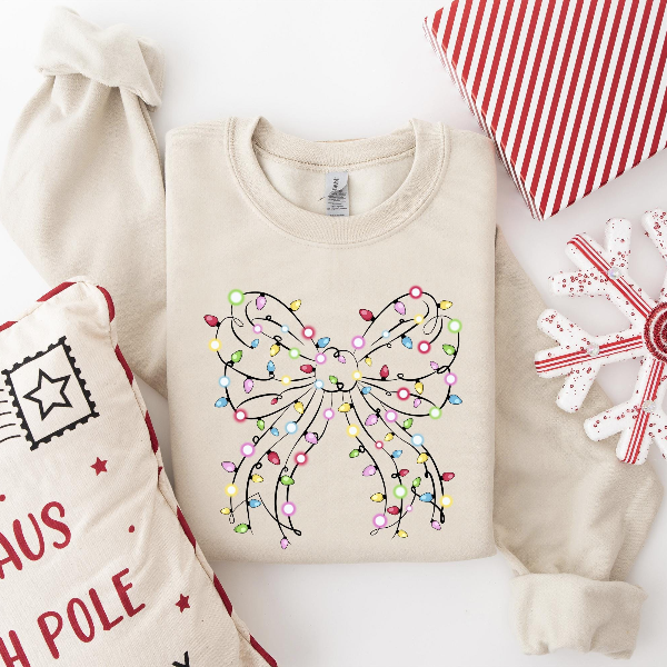 Christmas Lights Coquette Bow Sweatshirt | Funny Holiday Bow Graphic Crewneck Womens Festive Xmas Pullover dark Grey Heather s sweatshirt