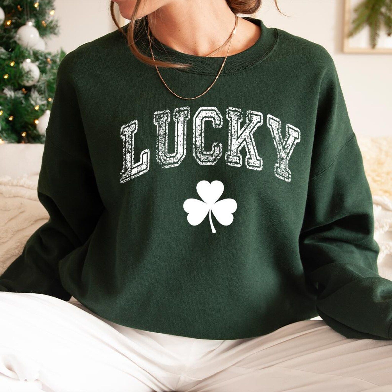 Retro Lucky Shamrock Sweatshirt | Womens St. Patricks Day Outfit Vintage Clover Crewneck Pullover heather Grass Green l sweatshirt