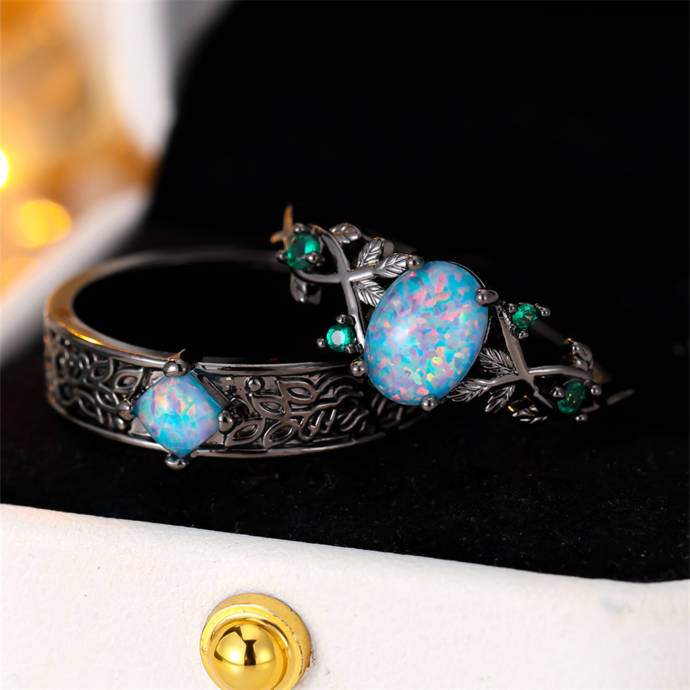 Vintage Blue Opal & Green Zircon Engagement Ring Set For Women black Blue 6