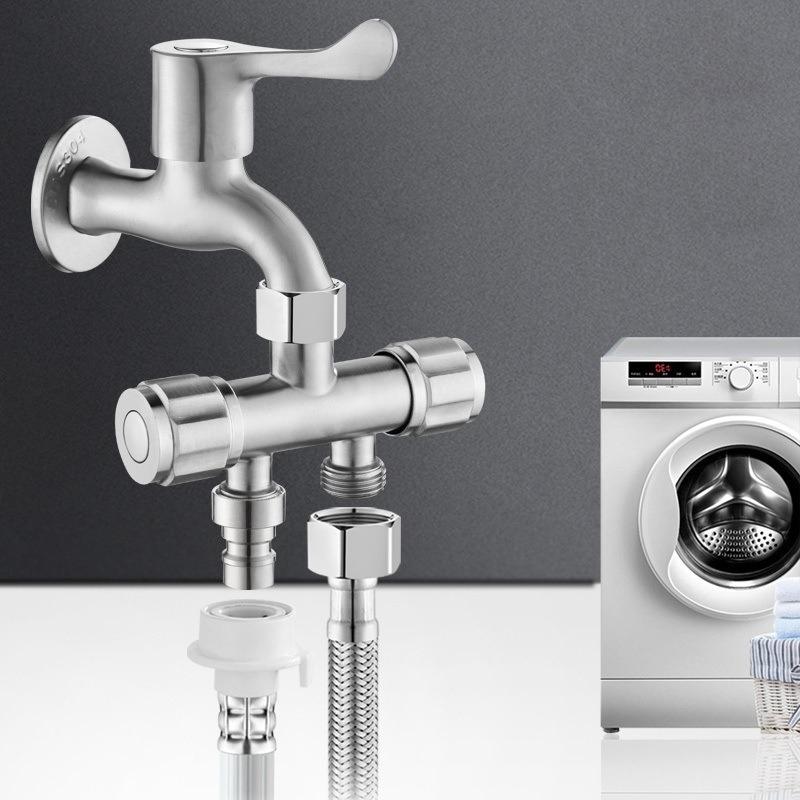 304 Stainless Steel Washing Machine Faucet Splitter Dual Outlet Adapter With Independent Valves Blue Wheel