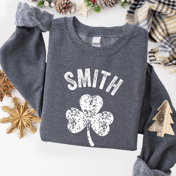 Personalized Last Name St. Patricks Day Sweatshirt | Custom Irish Shamrock Family Name Crewneck Pullover gold yellow s t Shirt