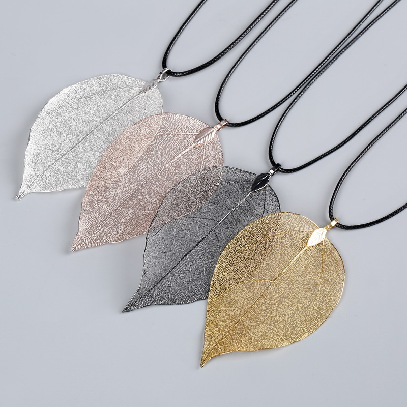 Real Leaf Choker Necklace For Women Natural Filigree Pendant Jewelry antique Bronze
