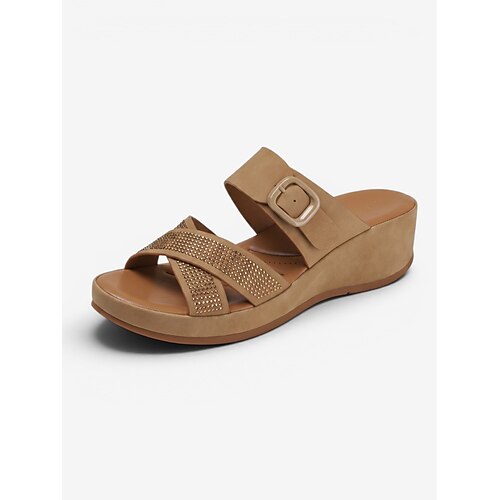 Schwarze, bequeme Keilsandalen für Damen mit Fußgewölbeunterstützung – leicht und komfortabel für den ganzen Tag. Strassbesetztes Kreuzmuster. Verstellbare Sandalen mit Schnalle zum Spazierengehen Image