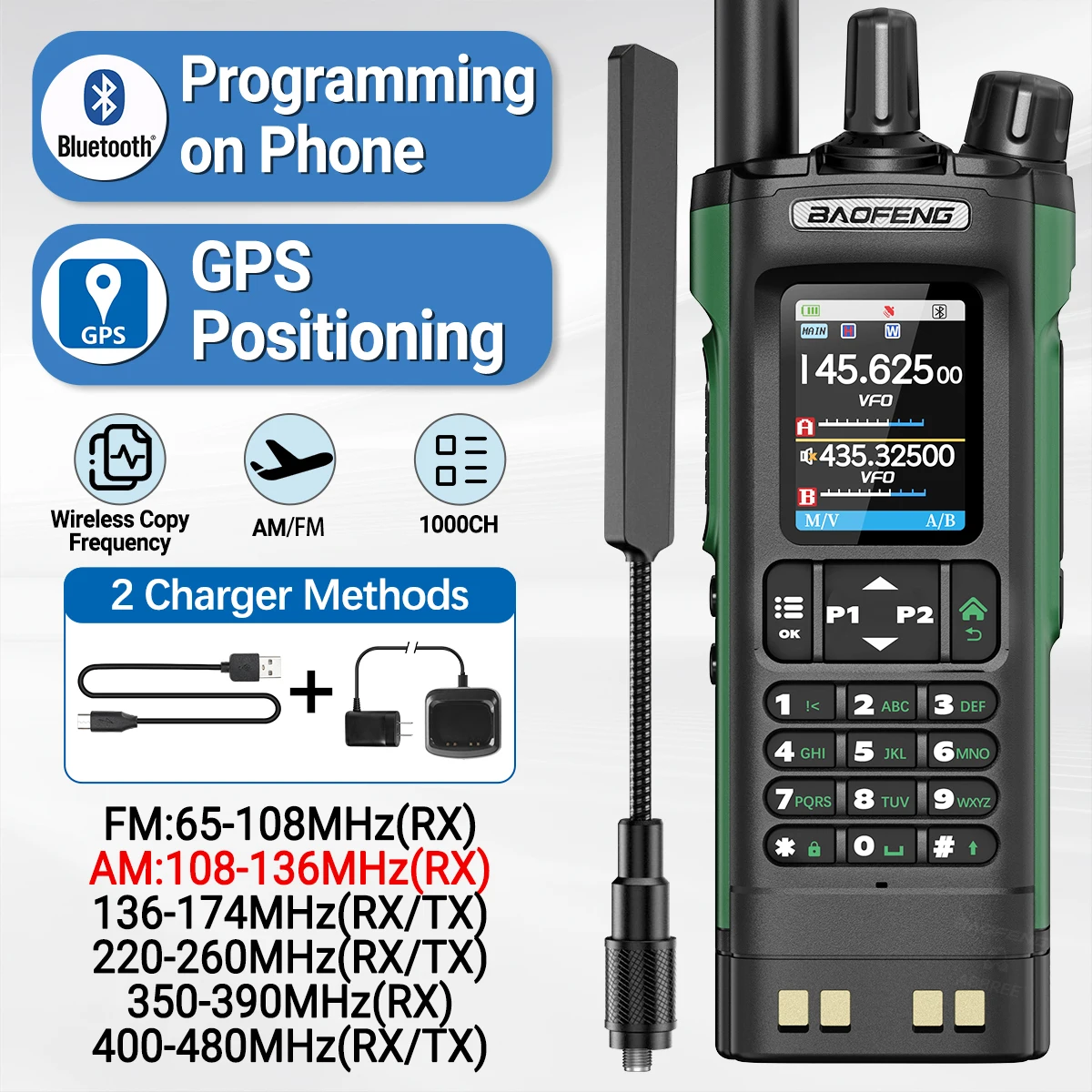 BAOFENG UV-32 GPS Bluetooth Programming Walkie Talkie 10W Multi Band Wireless Copy Frequency 1000CH Long Range Ham Two Way Radio Image