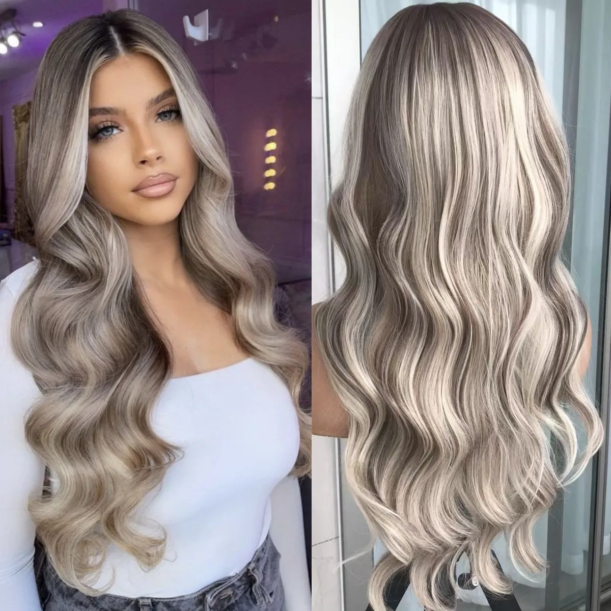 Körperwelle Lace Front Perücke Highlight Aschblonde Lace Frontal Synthetische Perücken Vorgezupfte lange gewellte synthetische Spitzenperücke für Frauen Image