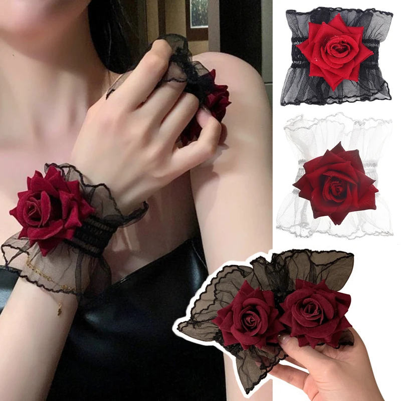 Neue Mode Gothic Rüschen Spitze Rote Rose Armbänder Lolita Charme Armbänder Blume Mesh Hand Ornamente Spitze Armbänder Zubehör