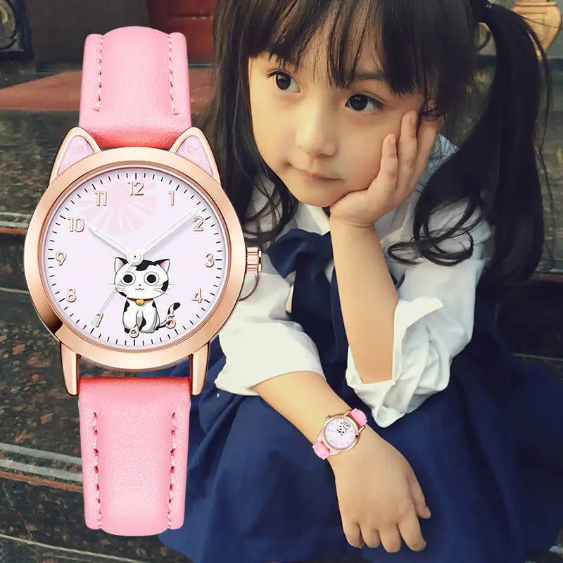 Kinder Uhr Mädchen Rosa Niedlichen Cartoon Katze Uhren Wasserdicht Bequem leder Student Mode Quarzuhr Armbanduhren geschenk Image