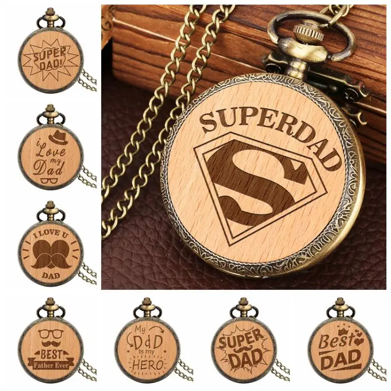 Super DAD Personalisierte Laser Gravierte Quarz Taschenuhr FOB Kette Holz Uhr für Männer Vatertag Geschenke Beste Geschenk für dad Image