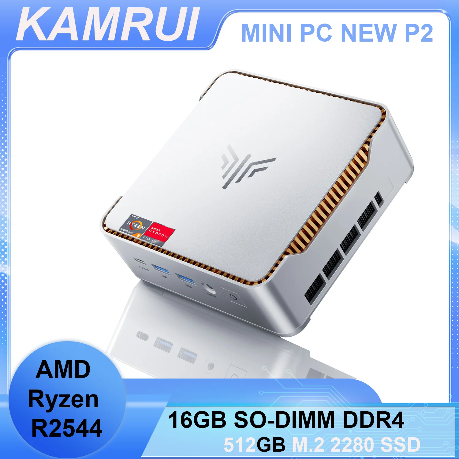 KAMRUI Mini-PC 16GB SO-DIMM DDR4 512 M.2 2280 SSD AMD Ryzen R2544 bis zu 3,7GHz HDMI+DP1.4 Dual 4K UHD WiFi5 Desktop Micro-PC Image