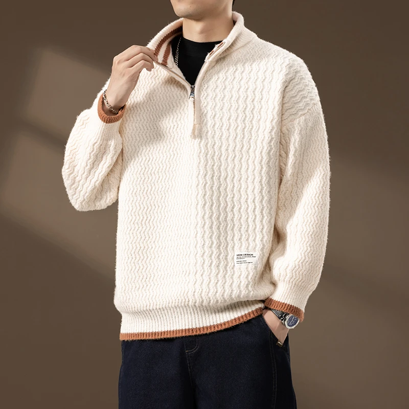 Frühling Herbst männer Stehen Kragen Stricken Pullover Hohe Qualität Halb Zipper Casual Pullover Männer Warme Lässige Mode Pullover Pullover Image