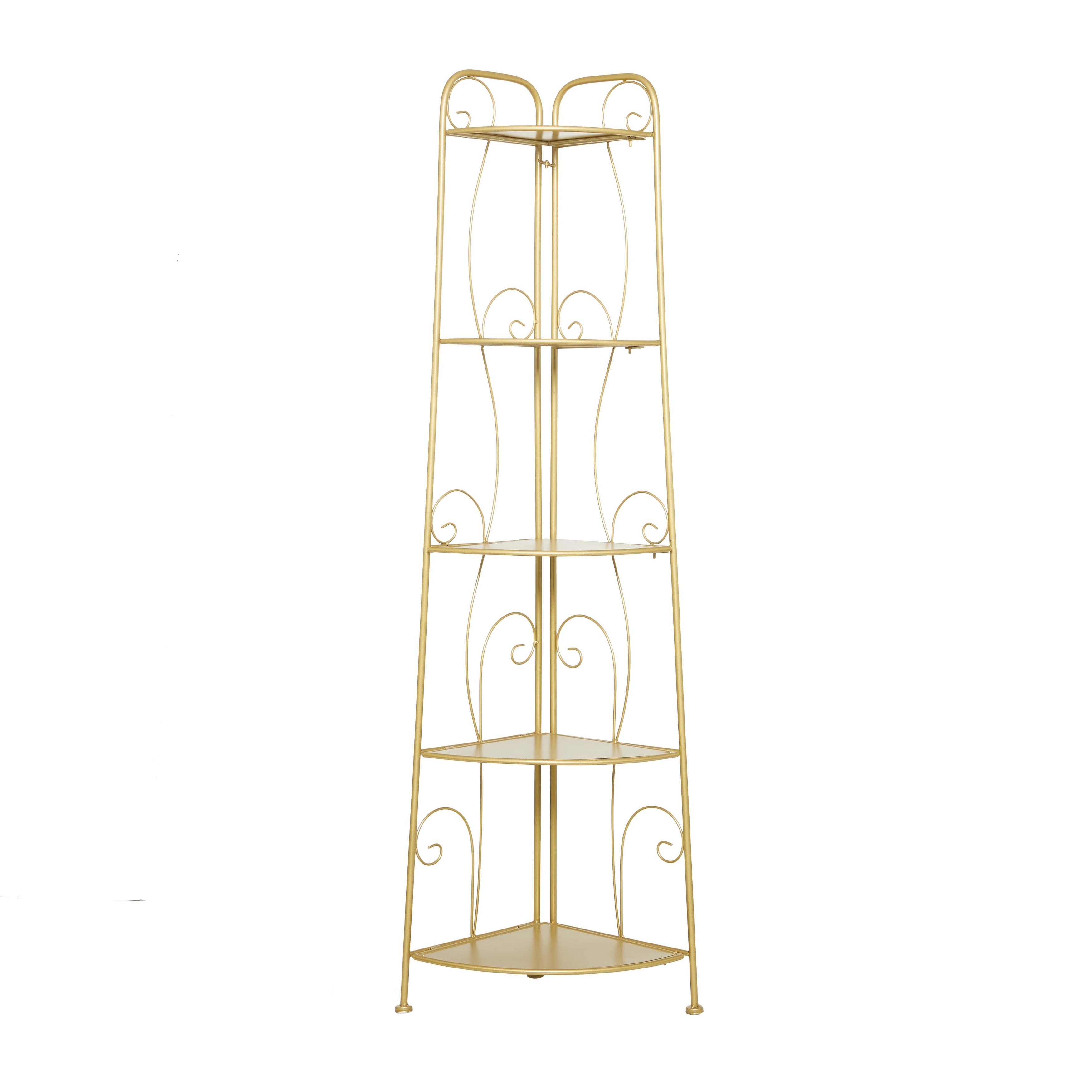Metal Scroll Indoor Outdoor Tall Folding 5 Shelves Bakers Rack - Gold or White - Roche River Decor