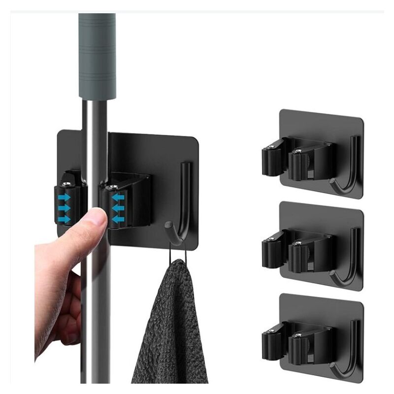 Minkurow 3 Pezzi Porta Scopa, Porta Scopa Autoadesiva A Parete Senza Foratura, Porta Scopa Con Ganci Per Cucina Bagno Giardino Nero