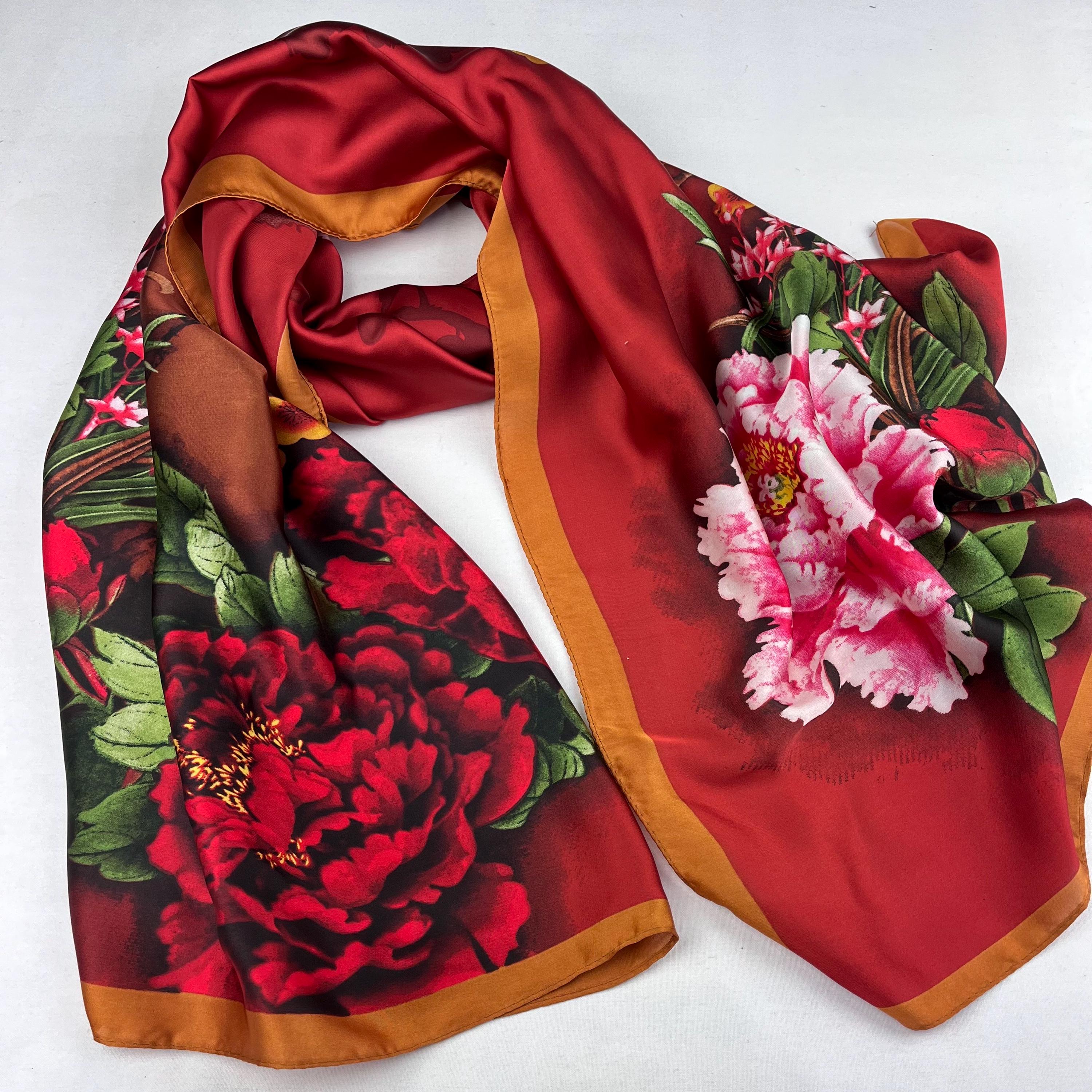 Sciarpa di seta rossa con peonia, sciarpa avvolgente in raso da donna, pareo, regalo personalizzato per donna, foulard
