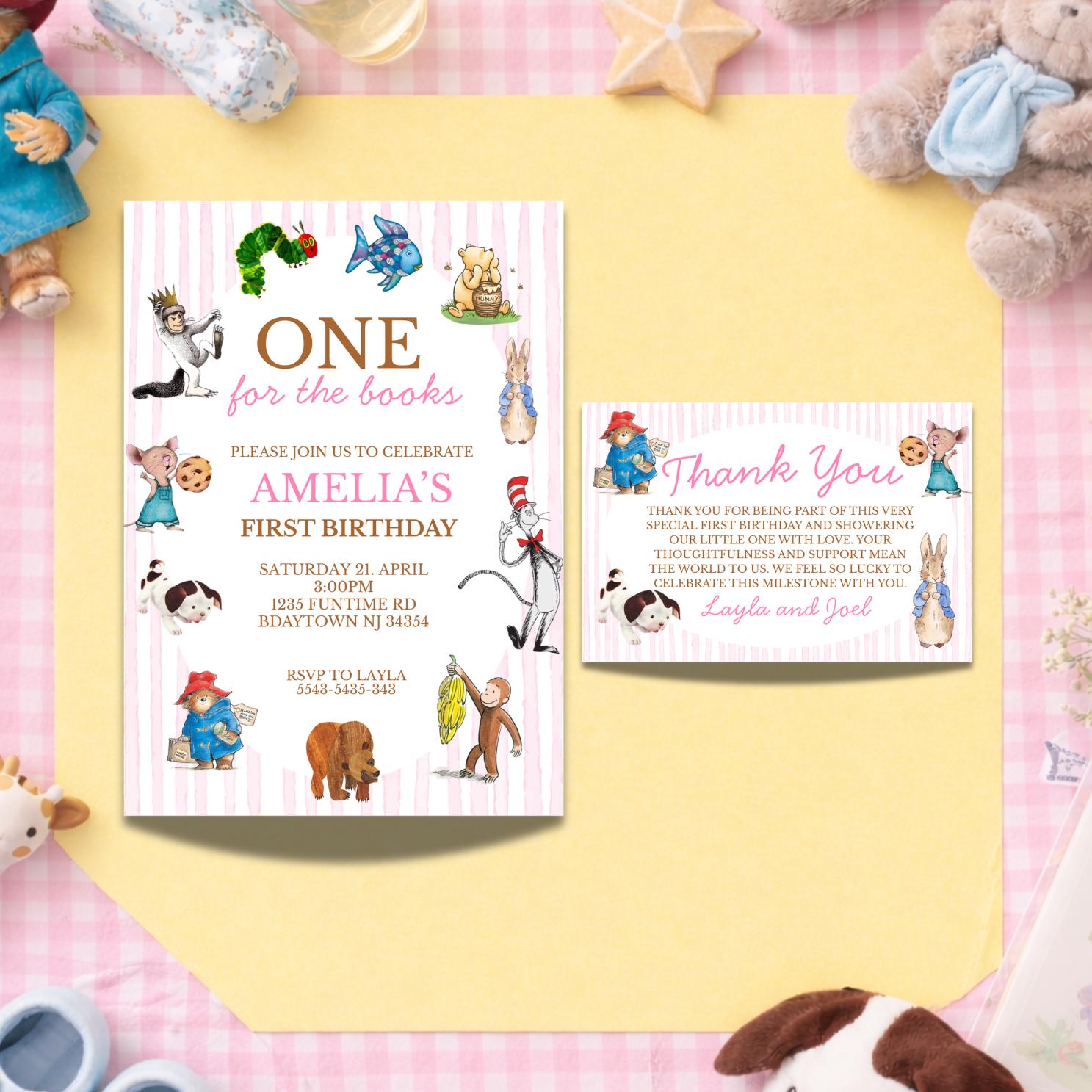 "Modello di invito di compleanno \"One for the Books\", invito di primo compleanno a tema \"Fiaba\", pacchetto di compleanno per bambini \"Primo compleanno"