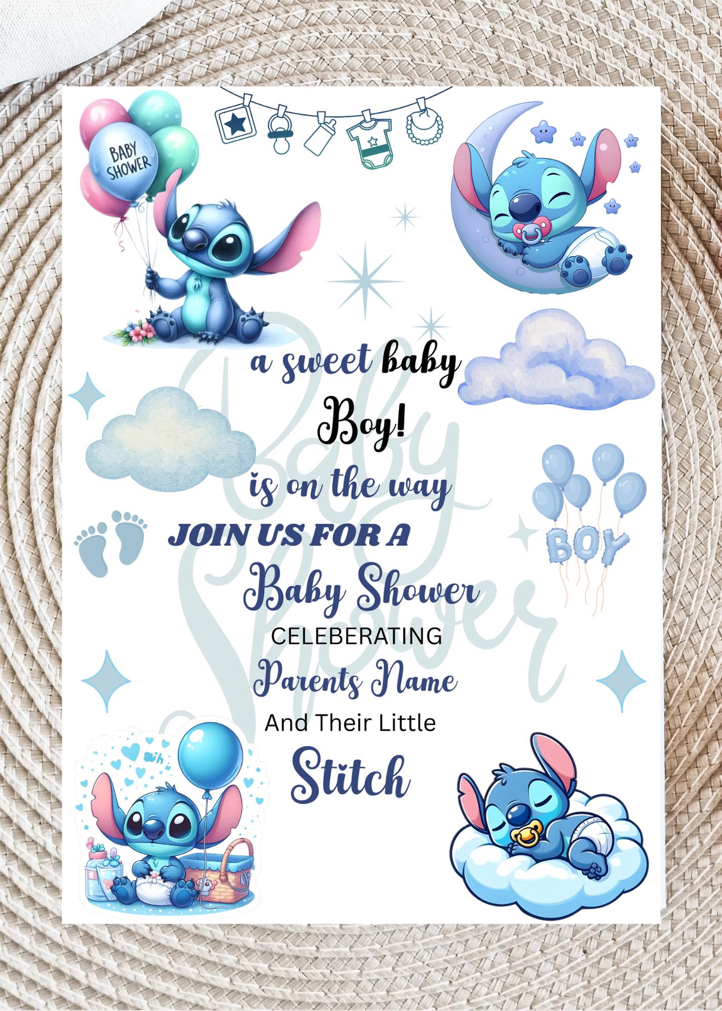 Invito personalizzato per baby shower a tema Stitch, invito per baby shower a tema Stitch, tema per baby shower a tema Stitch, invito per baby shower