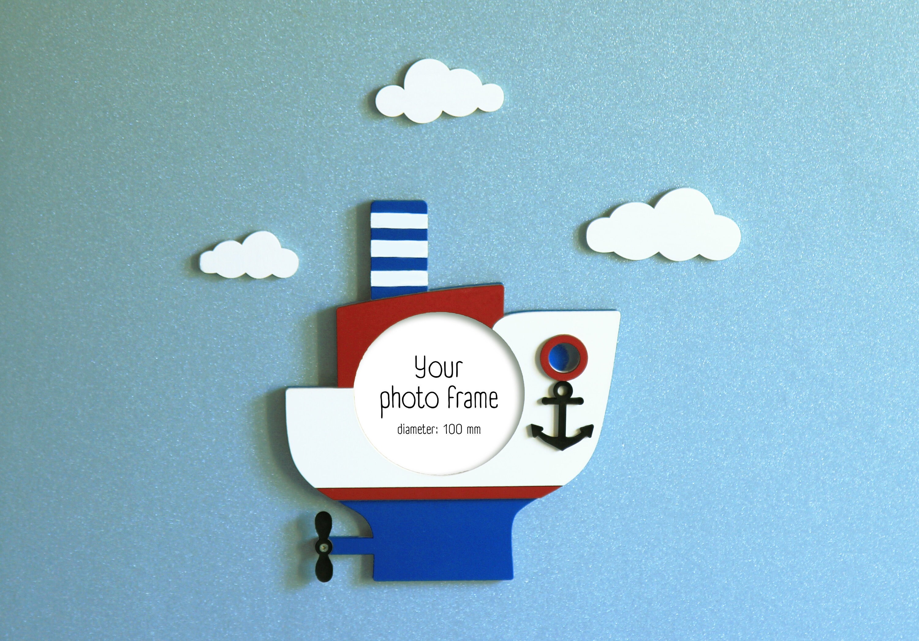 Cornice portafoto in legno a forma di barca, Decorazione per bambini a forma di barca, Graziosa cornice portafoto a forma di nave, Barca a vela blu in