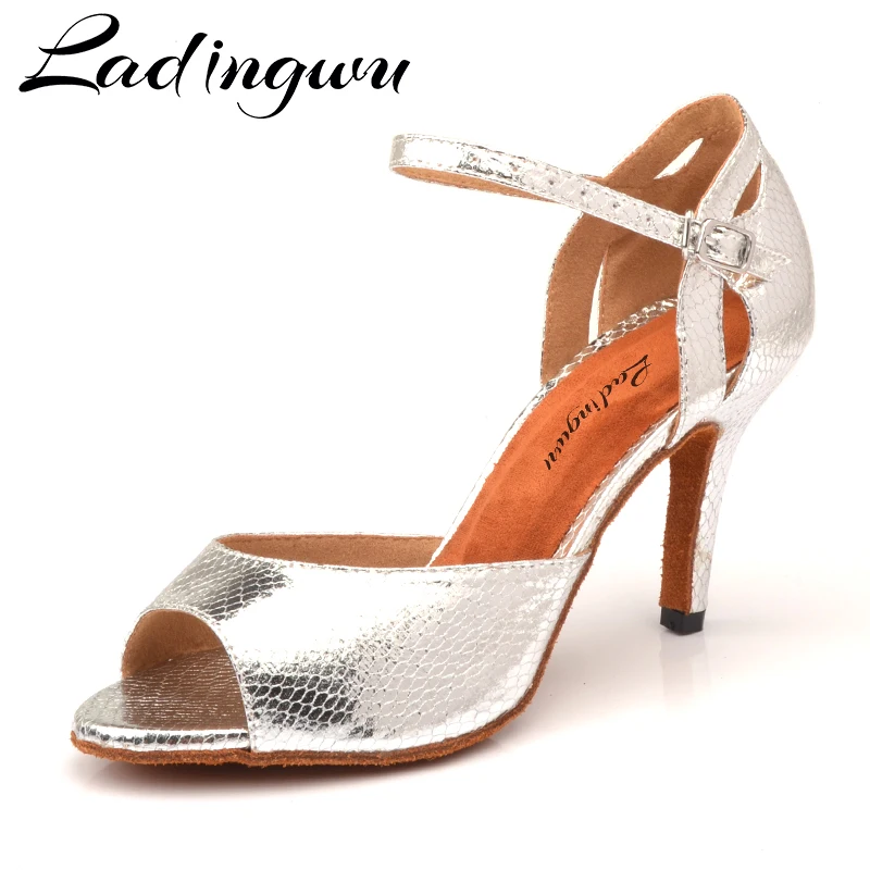 Ladingwu Damen Silver Snake PU Latin Dance Schuhe Ballsaal Salsa Sandalen für Party Performance