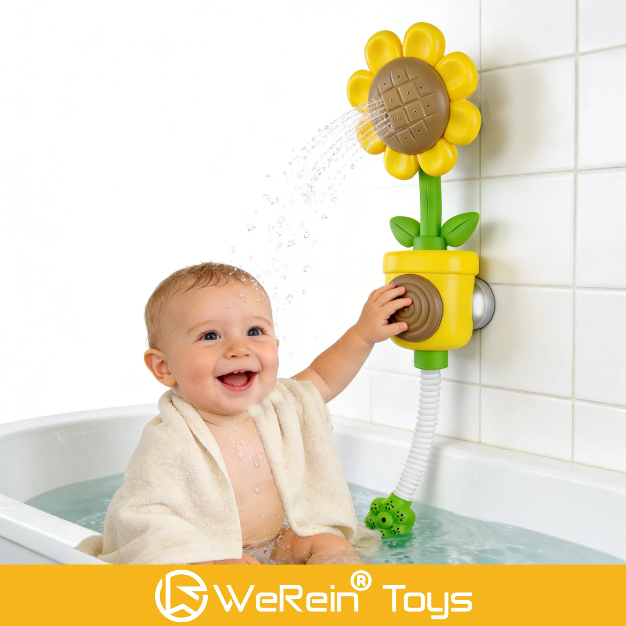 WeRein Sonnenblumenförmiger Manueller Drucksprinkler Badespielzeug für Babys ab 18 Monaten Spaßiger Wasserdrucksprüher in Primärfarben für Kleinkinder Image