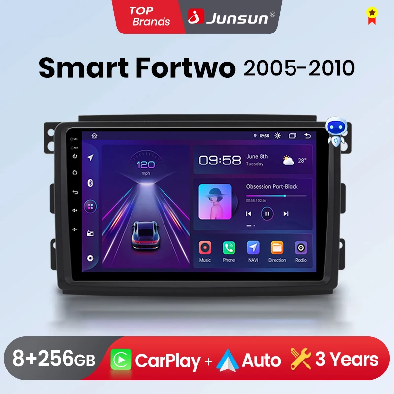 Junsun Wireless CarPlay Android Auto Autoradio für Mercedes Benz Smart Fortwo 451 2005 - 2010 GPS Multimedia 2din-Systeme Stereo mit integriertem Lüfter GPS SWC Bluetooth FM RDS DSP IPS-Bildschirm Auto-Intelligentes System Image
