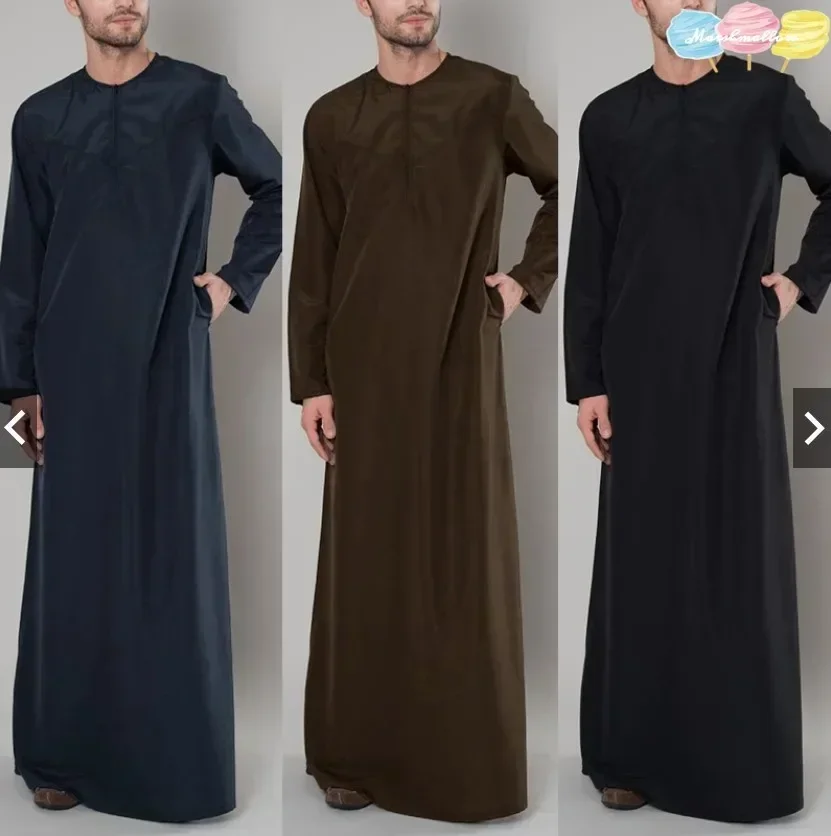 2025 Muslimische Männer Jubba Thobe Feste Taste Kimono Mittlere Robe Saudi Muslimischen Mann Hemd Stehkragen Islamischen Arabischen Kaftan Männer Abayas Image