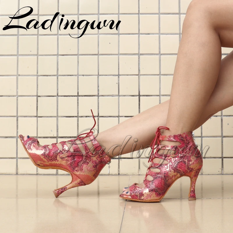 Ladingwu Latin Stiefel Weichen Boden Tanz Schuhe Zipper frauen sandalen Latin Salsa Dance Schuhe Blau/Rot Schlange textur wildleder Stiefel