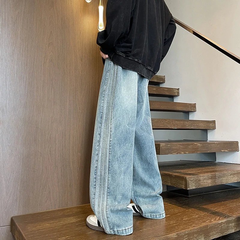 Winter Samt Breite Bein Jeans Seite Gestreiften Gerade Casual Mode Denim Hosen Hip Hop Streetwear Warme Hosen Plus Größe 8XL-M